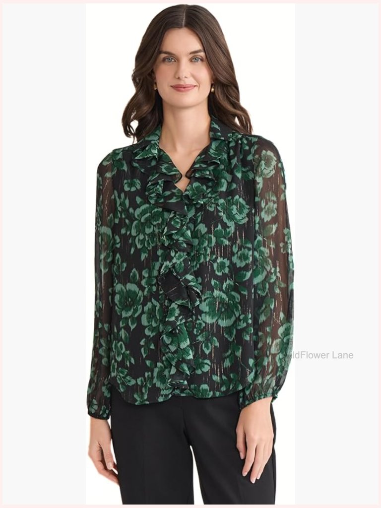 Long Sleeve Ruffle Front Printed Blouse Size M